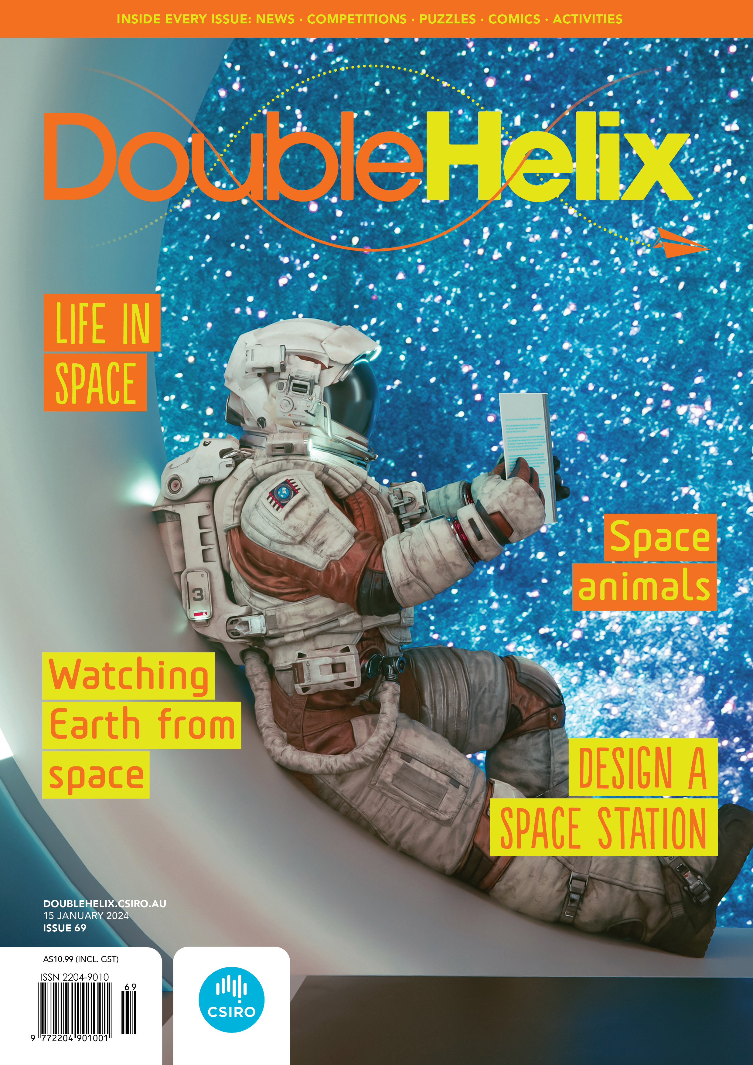 DH69 cover featuring an astronaut reading a book in circular window with stary background.